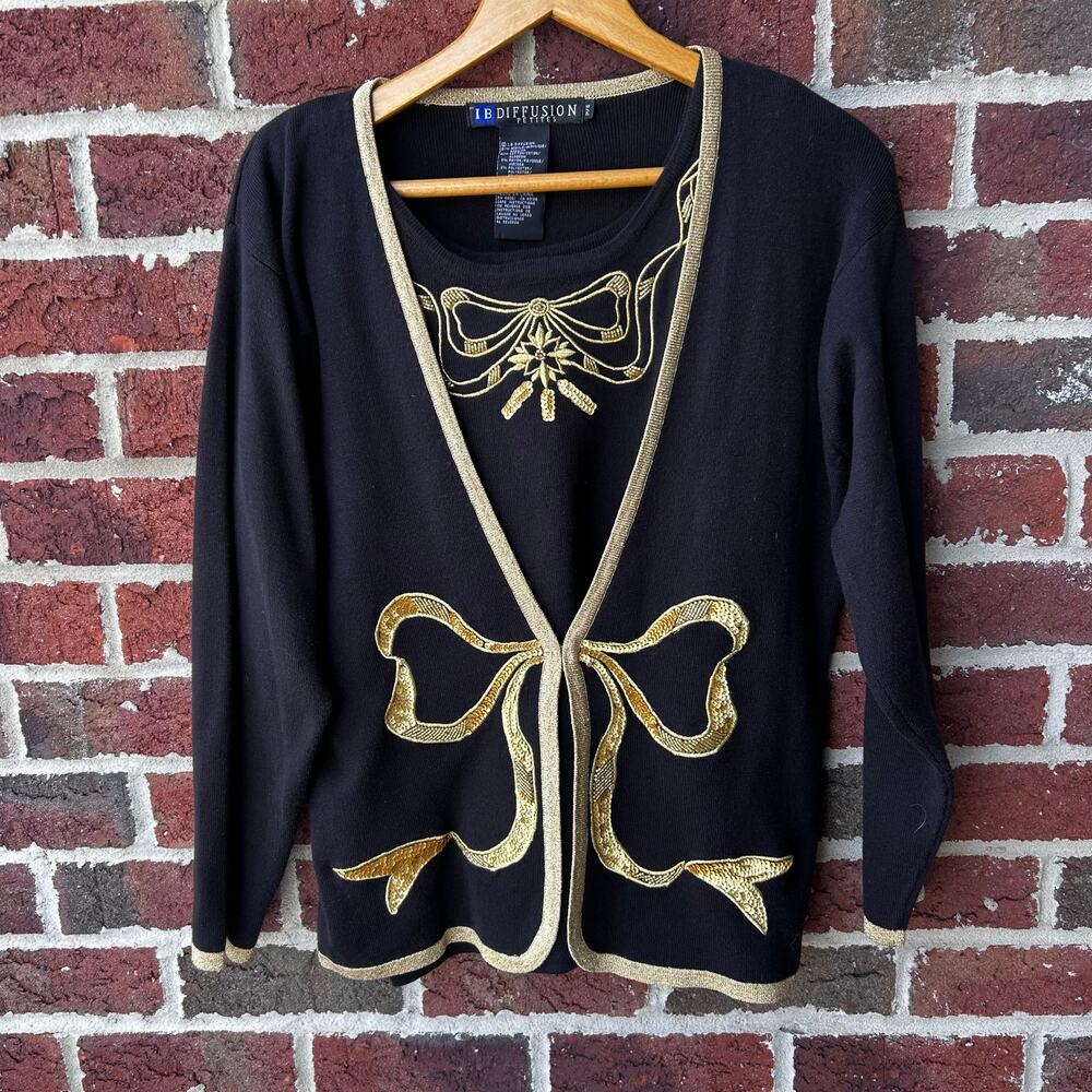 Vintage I.B. Diffusion Black Gold Embroidered Sweater Tank Cardigan Set Size PM